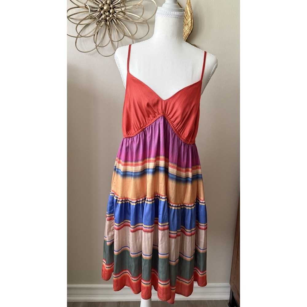 Dear John Dress Small Colorful Stripe Midi Sundress Spaghetti Strap Summer